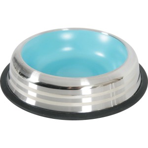 Ciotola per gatti t.b.t. in acciaio inox con interno azzurro e bordo antiscivolo.