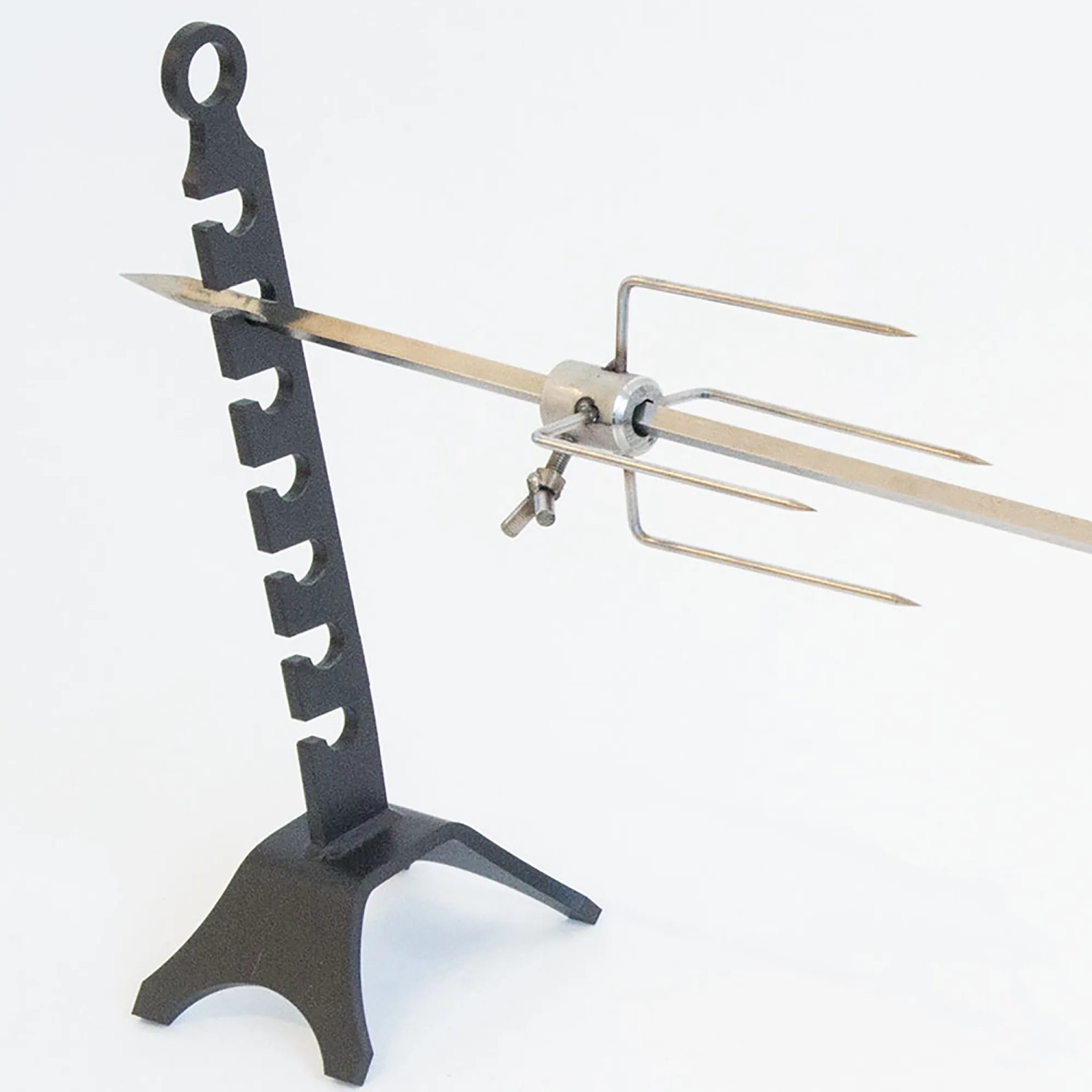 Set spiedo t.b.t. per barbecue a carbonella, con supporto e spiedo in acciaio inox.