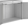 Box da giardino Biohort HighBoard 160 in metallo argentato aperta, ideale come box per cuscini o per riporre oggetti.