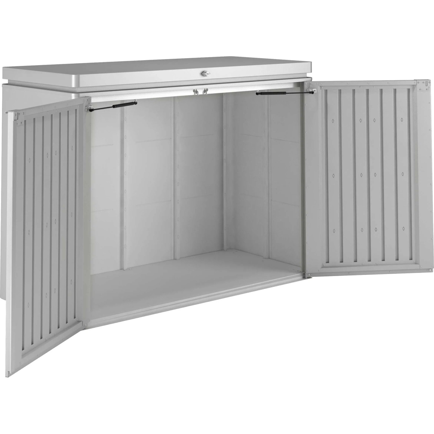 Box da giardino Biohort HighBoard 160 in metallo argentato aperta, ideale come box per cuscini o per riporre oggetti.