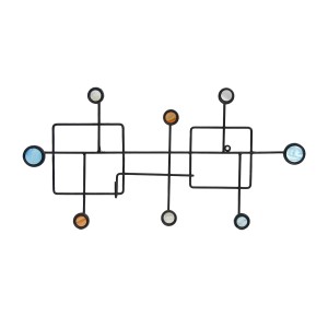 Scultura da parete decorativa con forme geometriche e accenti colorati.