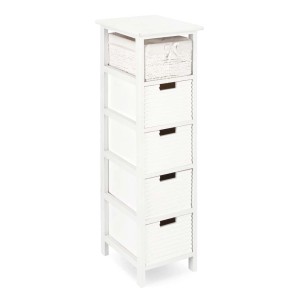 Cassettiera stretta bianca con 4 cassetti e un cesto in alto.
