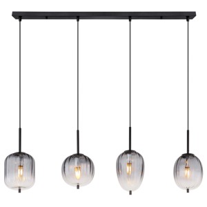 Lampada a sospensione nera t.b.t. con quattro paralumi in vetro grigio di forme diverse.