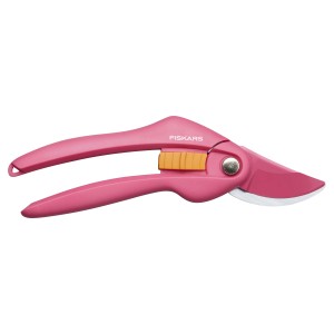 Cesoie da giardino Fiskars rosa per tagli precisi.