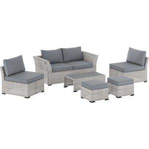 Set lounge divano Hopevale 6 pezzi in wicker grigio con tavolo e cuscini grigi.