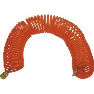 Tubo aria compressa arancione a spirale con raccordi in ottone. Accessorio per compressori.