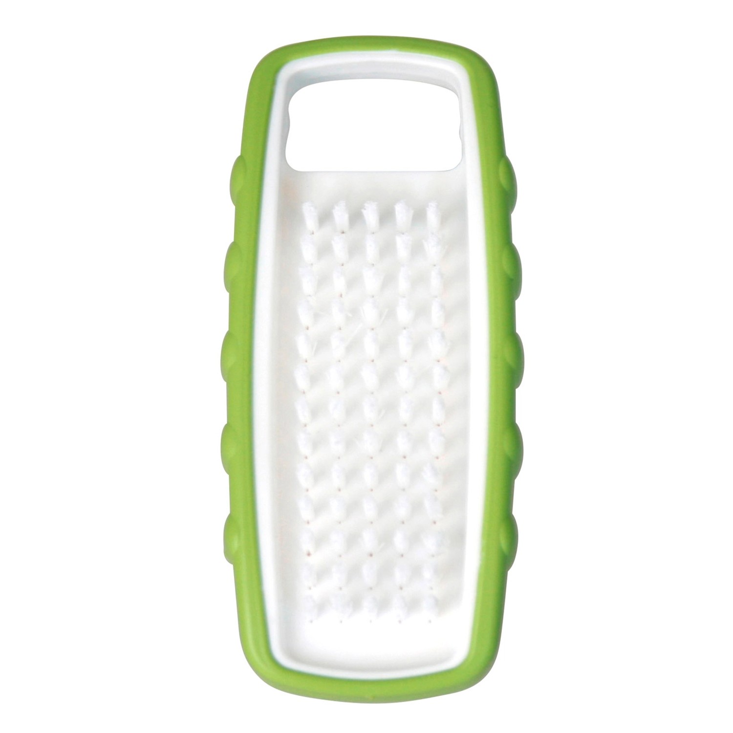 Spazzola per lavarsi le mani verde e bianca con setole per la pulizia, strumento di pulizia.