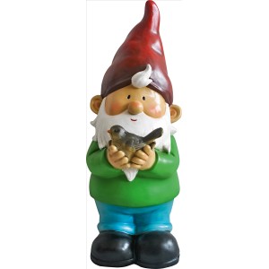 Gnomo da giardino in piedi, 33 cm, con cappello rosso e uccellino in mano, decorazione giardino.