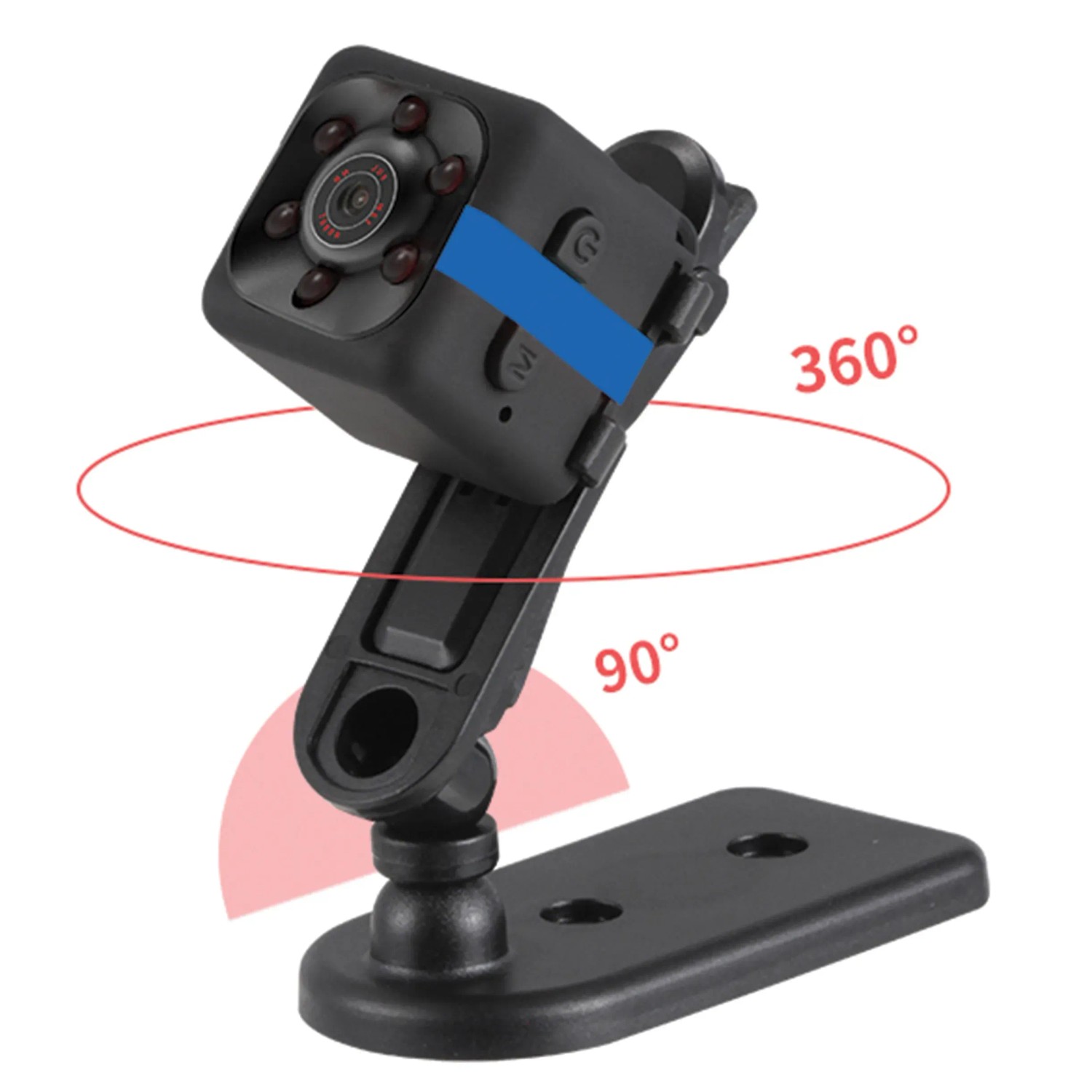 Telecamera di sicurezza nera compatta con supporto flessibile a 360°/90° per interni auto.