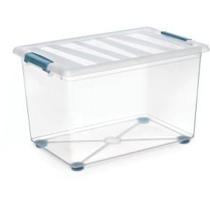 Contenitore/Box t.b.t. trasparente con coperchio e chiusure blu.