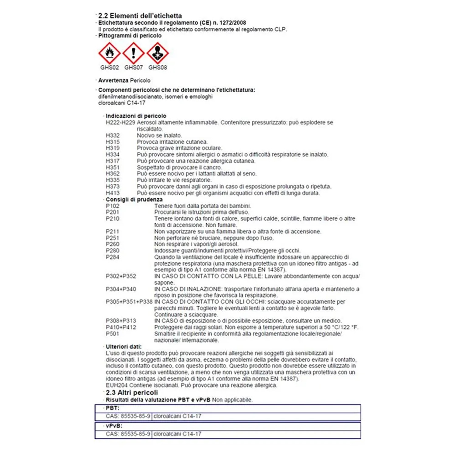 Scheda di sicurezza con avvertenze di pericolo e precauzioni per prodotti chimici.