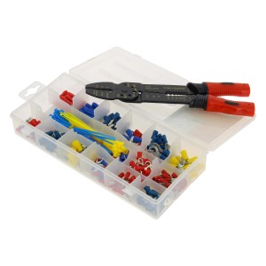 Scatola assortita con capicorda, fascette e uno spelafili per riparazioni auto.