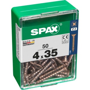 Viti per legno SPAX 4x35 mm, 50 pezzi in contenitore di plastica verde.