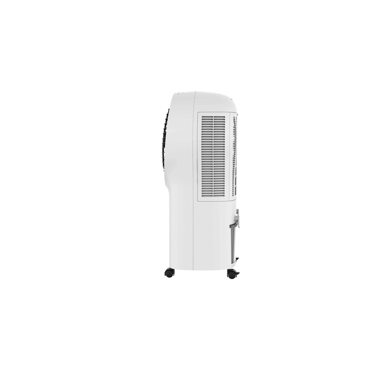Ventilatore t.b.t. bianco di lato, con ruote per un facile trasporto.
