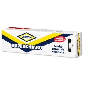 Adesivo universale Bostik Superchiaro, tubo in confezione bianca con dettagli gialli.