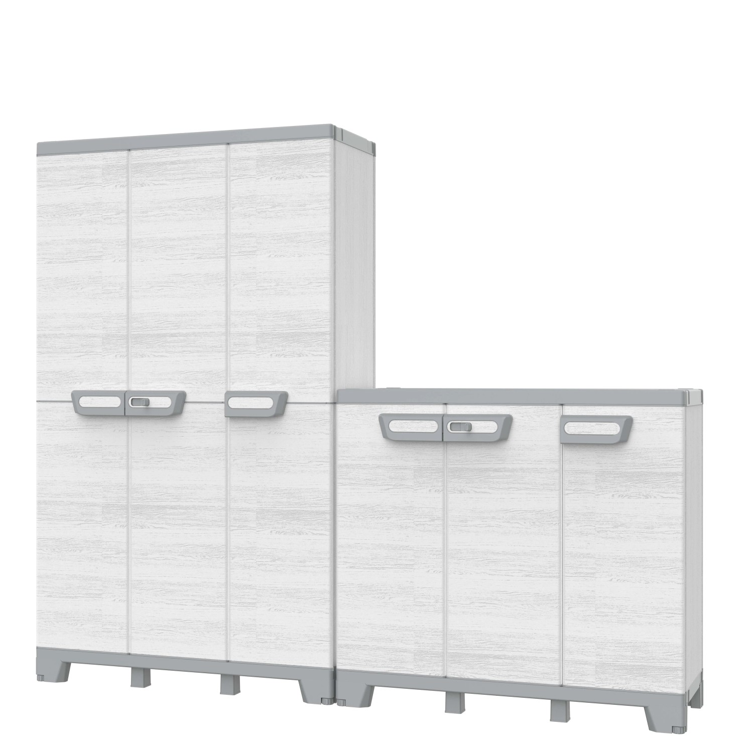 Set armadi portautensili t.b.t., grigio e bianco, con diversi armadi.