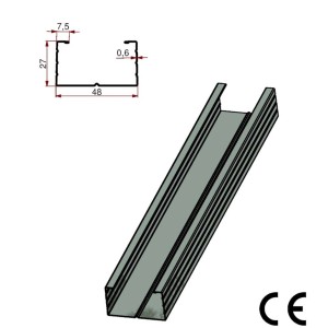 Profilo per montaggio cartongesso, disegno dettagliato con dimensioni.