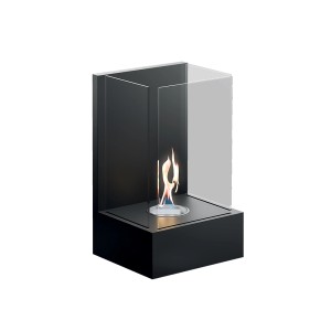 Camino decorativo t.b.t. nero con bordo in vetro e fiamma.