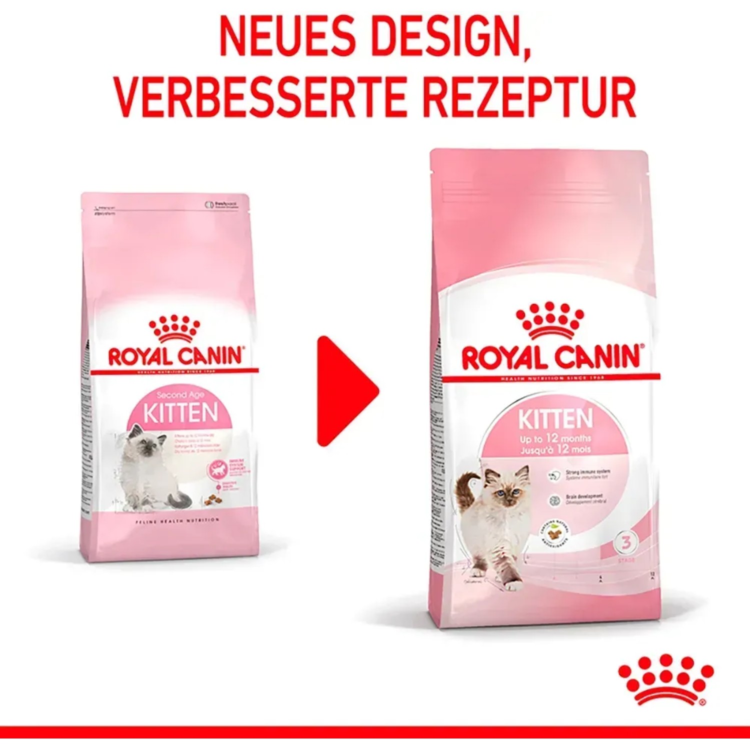 Royal Canin Kitten cibo secco, confezione da 400g con nuovo design e ricetta migliorata.