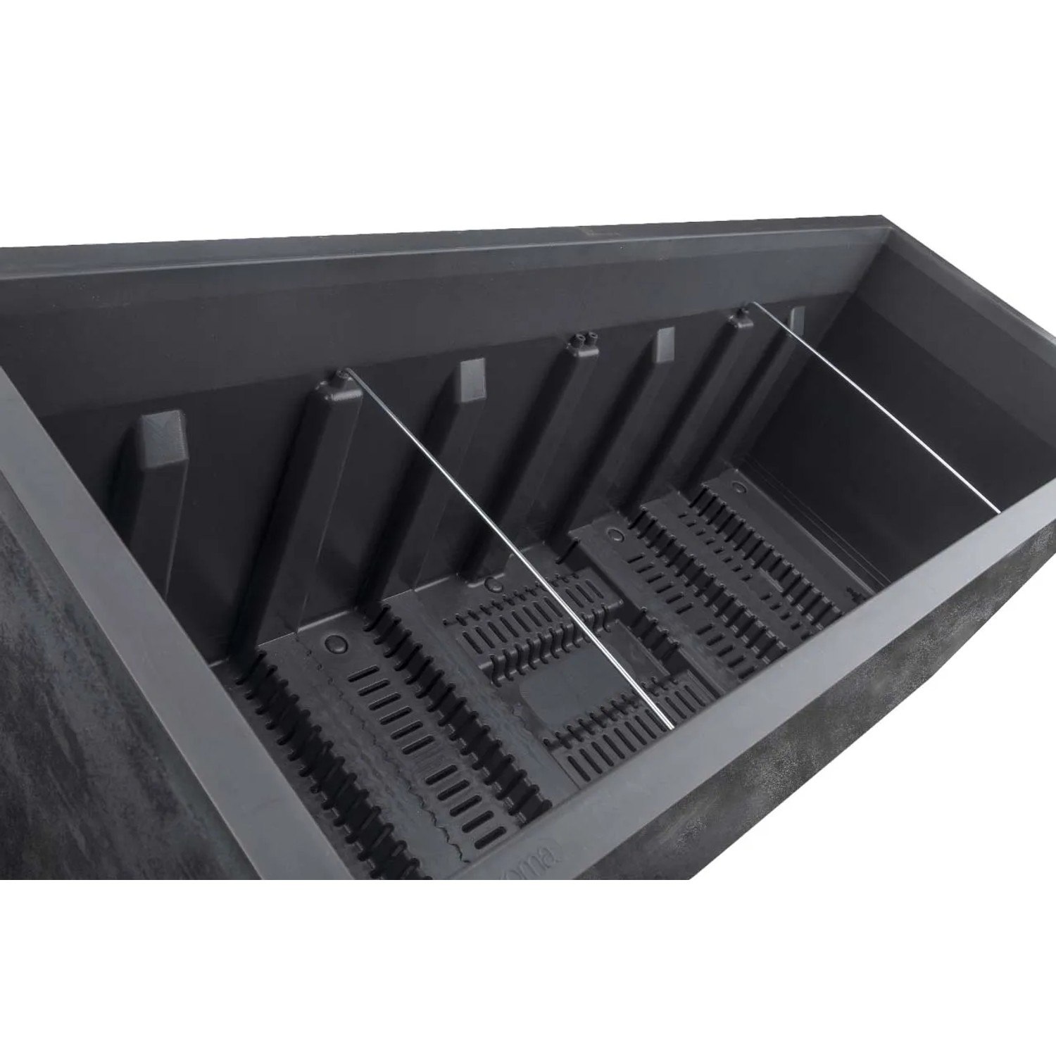 Fioriera Deroma Millennium, 39x99,3x37,6 cm, antracite, vista interna con serbatoio d'acqua.