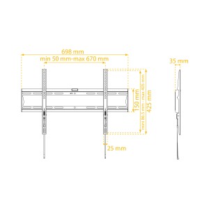 Disegno tecnico di un supporto a parete per TV t.b.t. con dimensioni per accessori video.