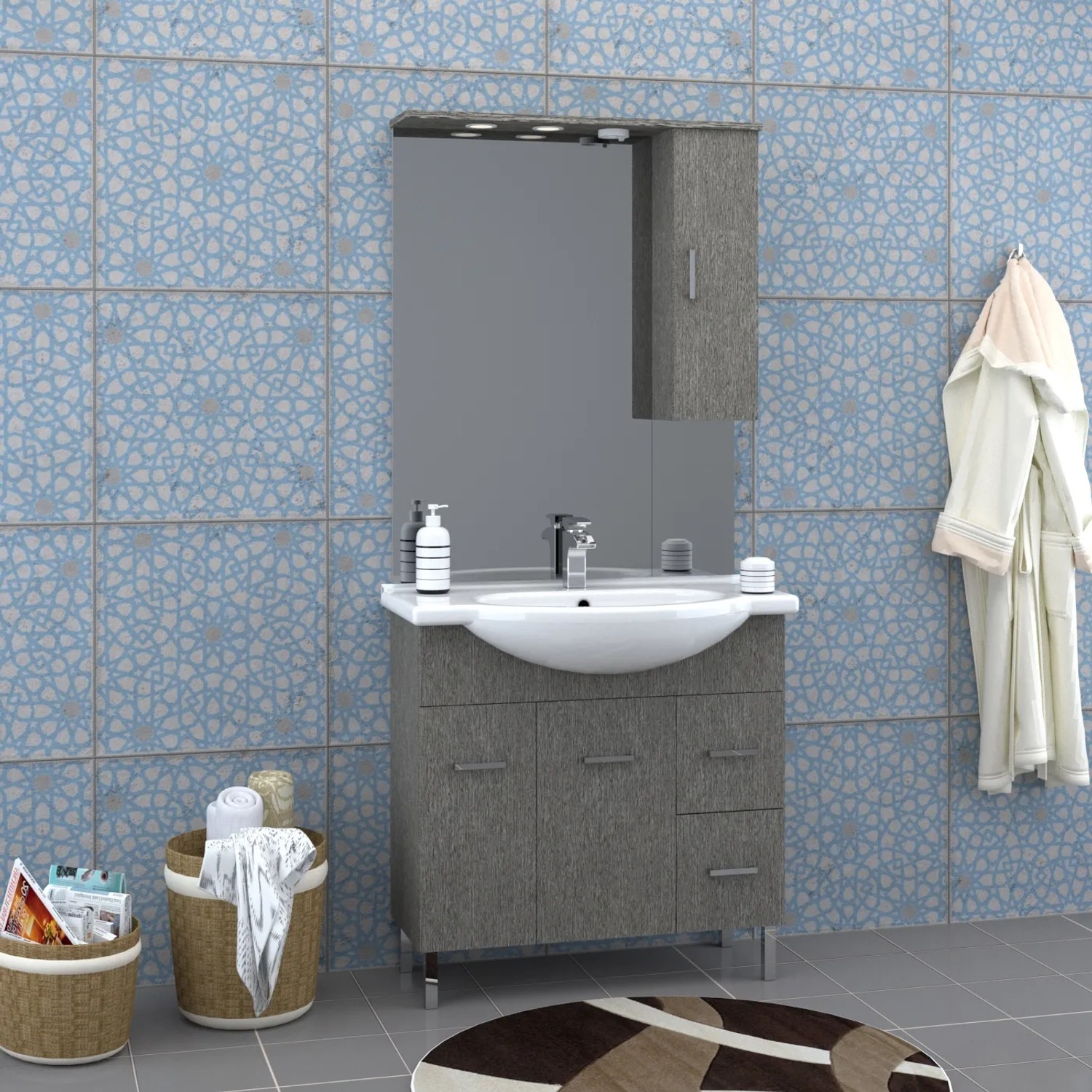 Mobile bagno grigio con specchio e pensile. Set di mobili da bagno moderno.