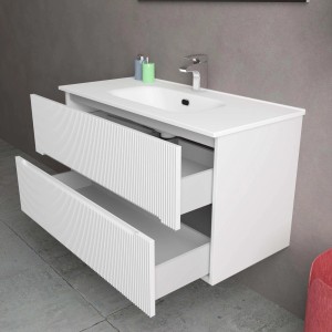 Mobile bagno bianco con due cassetti, categoria arredamento bagno.