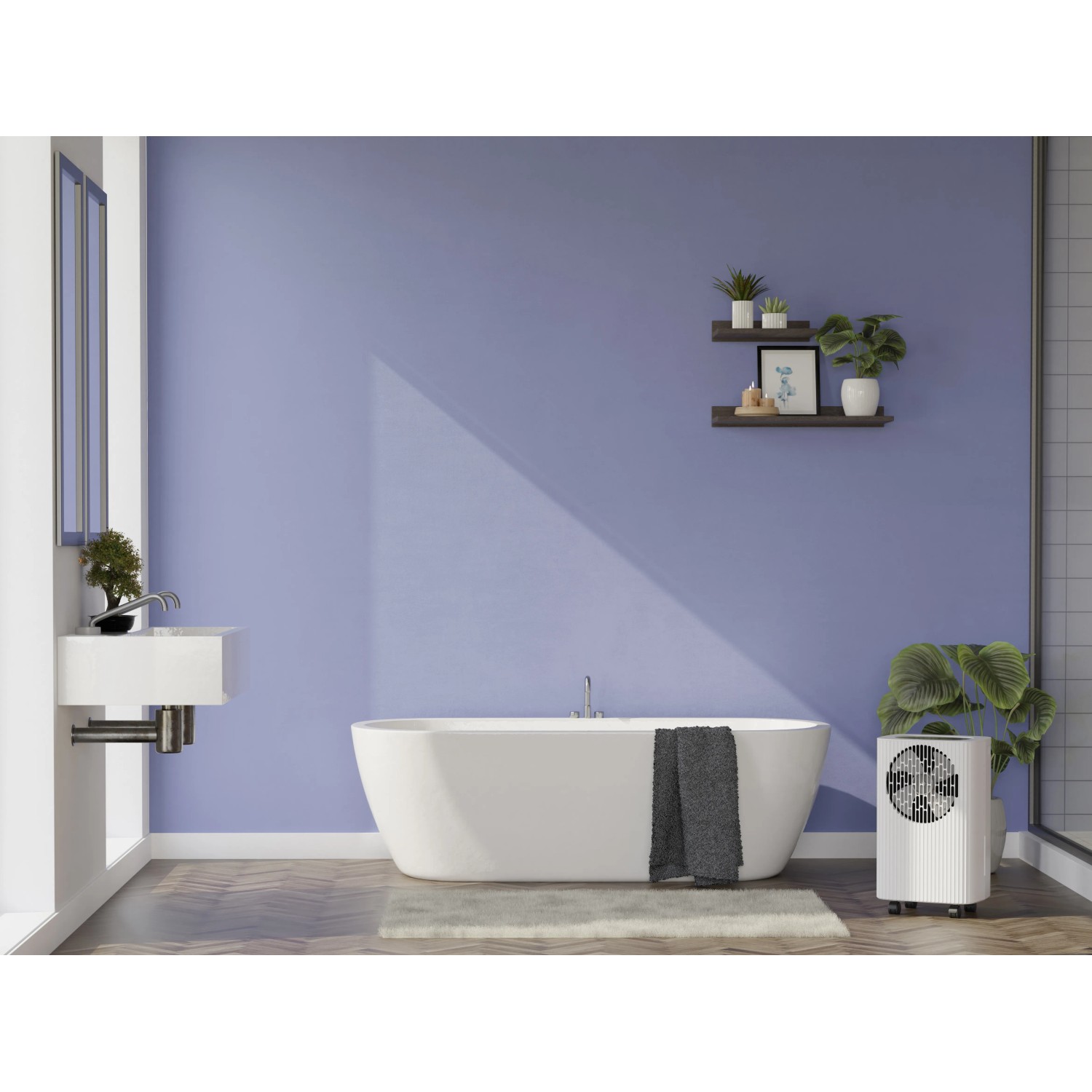Deumidificatore bianco LEF-205-40 in bagno con vasca e lavandino.