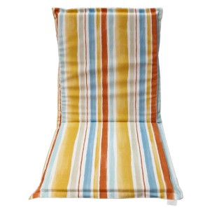 Cuscino da esterno a righe, giallo, blu, arancione, per mobili da giardino.