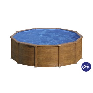 Piscina rotonda Gre Pool Pacific effetto legno, Ø 460 cm, altezza 120 cm. Piscina con pareti in acciaio color legno.