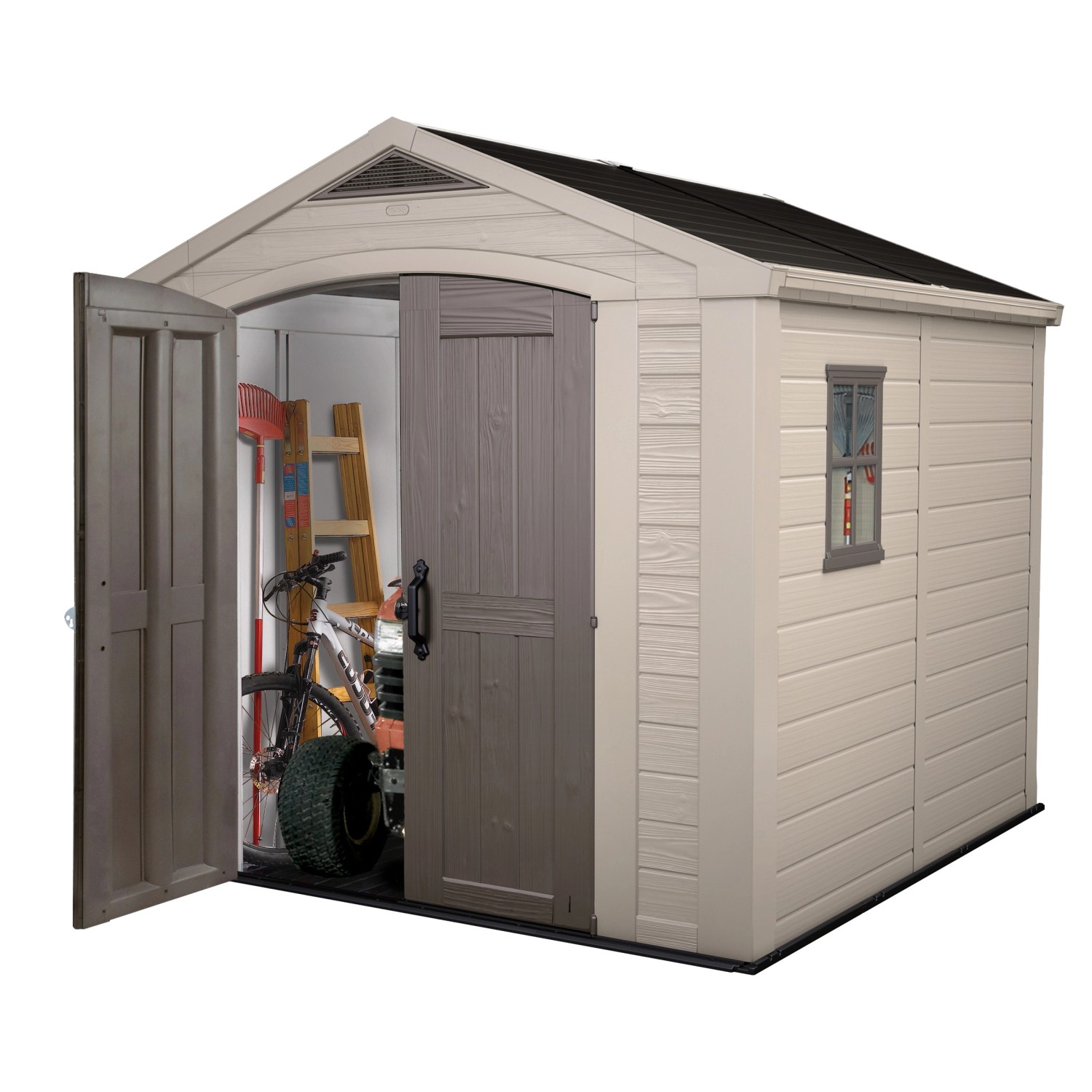 Casetta da giardino in plastica Keter 6,32 m² beige/grigia con porta aperta e attrezzi da giardino.