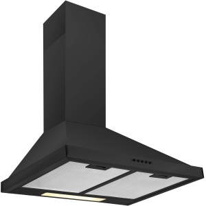 Cappa da incasso t.b.t. nera con filtro in metallo e pulsanti di controllo.