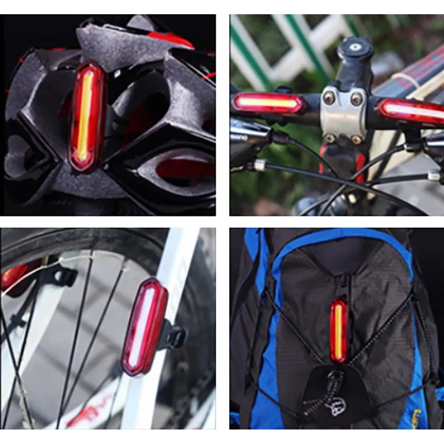 Luce per bici t.b.t. fissata a casco, manubrio, ruota e zaino.