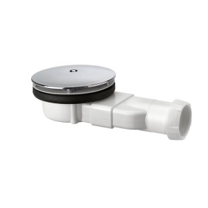 Sifone per doccia con copertura cromata, tubo in plastica bianca.