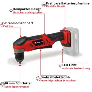 Einhell Avvitatore angolare a batteria TE-AD 18 Li-Solo, rosso/nero, con supporto batteria girevole e luce LED.