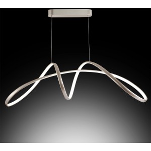 Lampada a sospensione LED moderna con design curvo per spazi abitativi.