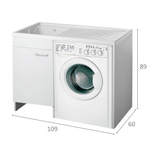 Mobile lavatoio bianco con lavatrice e spazio contenitivo. Ideale per bagni piccoli.