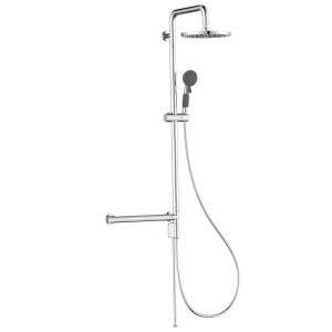 Colonna doccia cromata con soffione, doccetta e maniglione. Ideale per bagni accessibili.