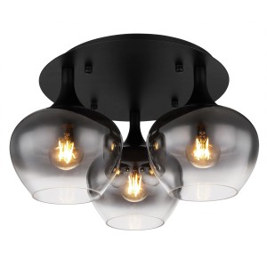 Plafoniera nera Globo Maxy con 3 paralumi in vetro fumé, Ø 45 cm.