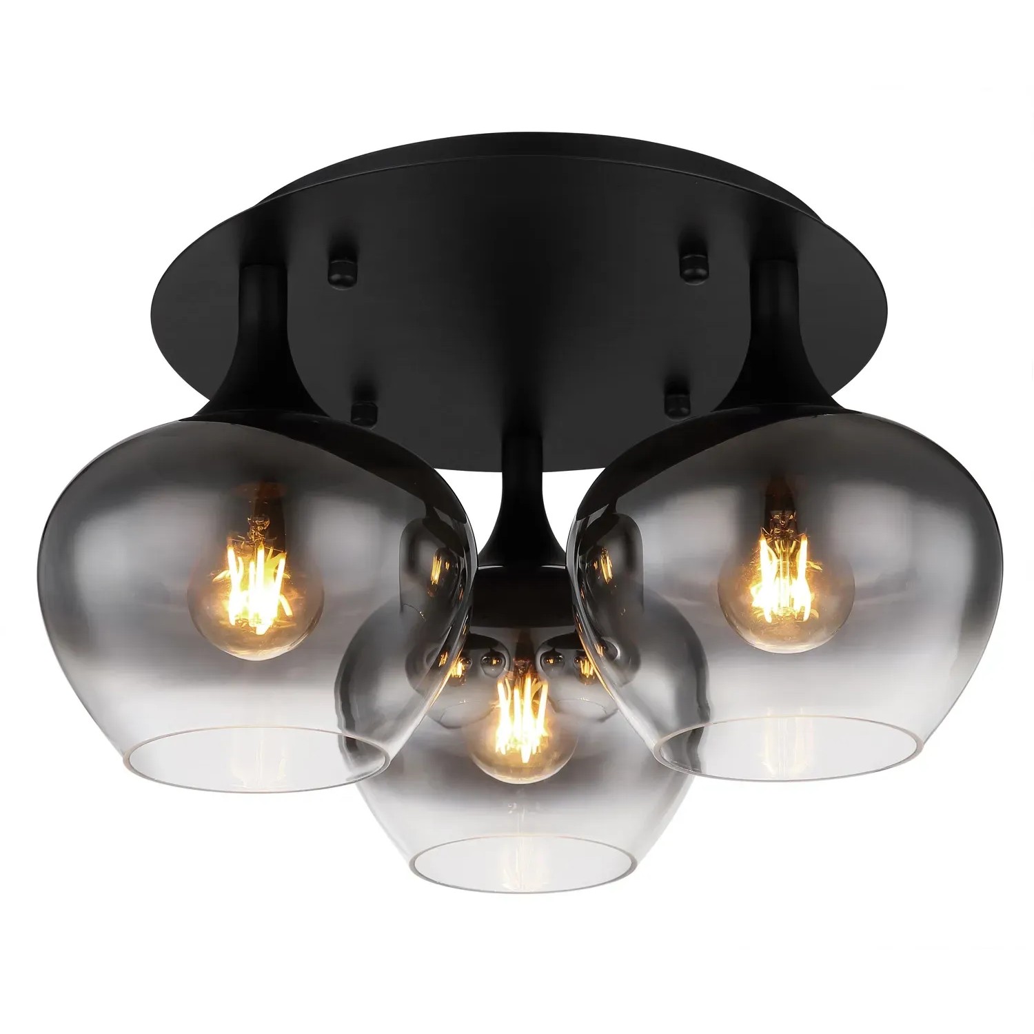 Plafoniera nera Globo Maxy con 3 paralumi in vetro fumé, Ø 45 cm.