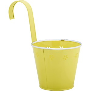 Vaso da appendere giallo in metallo con motivo floreale per balcone e terrazza.