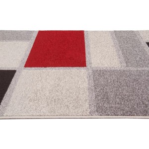 Tappeto moderno con motivo geometrico in rosso, grigio e bianco.