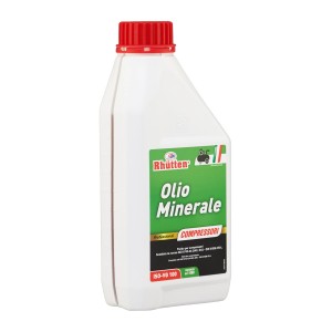 Olio minerale Rhütten per compressori, olio in bottiglia bianca con tappo rosso.