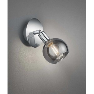 Faretto t.b.t. moderno, effetto cromo, con paralume in vetro grigio per un'illuminazione d'atmosfera.