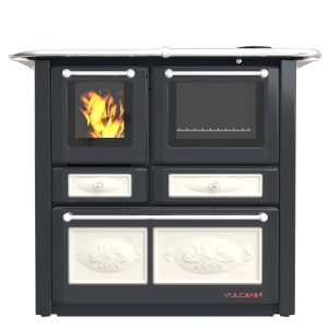 Stufa a legna t.b.t. con forno e piano cottura in antracite e crema.