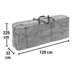 Copertura per mobili da giardino t.b.t. imballata in pellicola trasparente con maniglie. Dimensioni: 225x32x125cm.