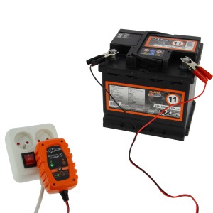 Batteria auto in carica con caricabatterie.