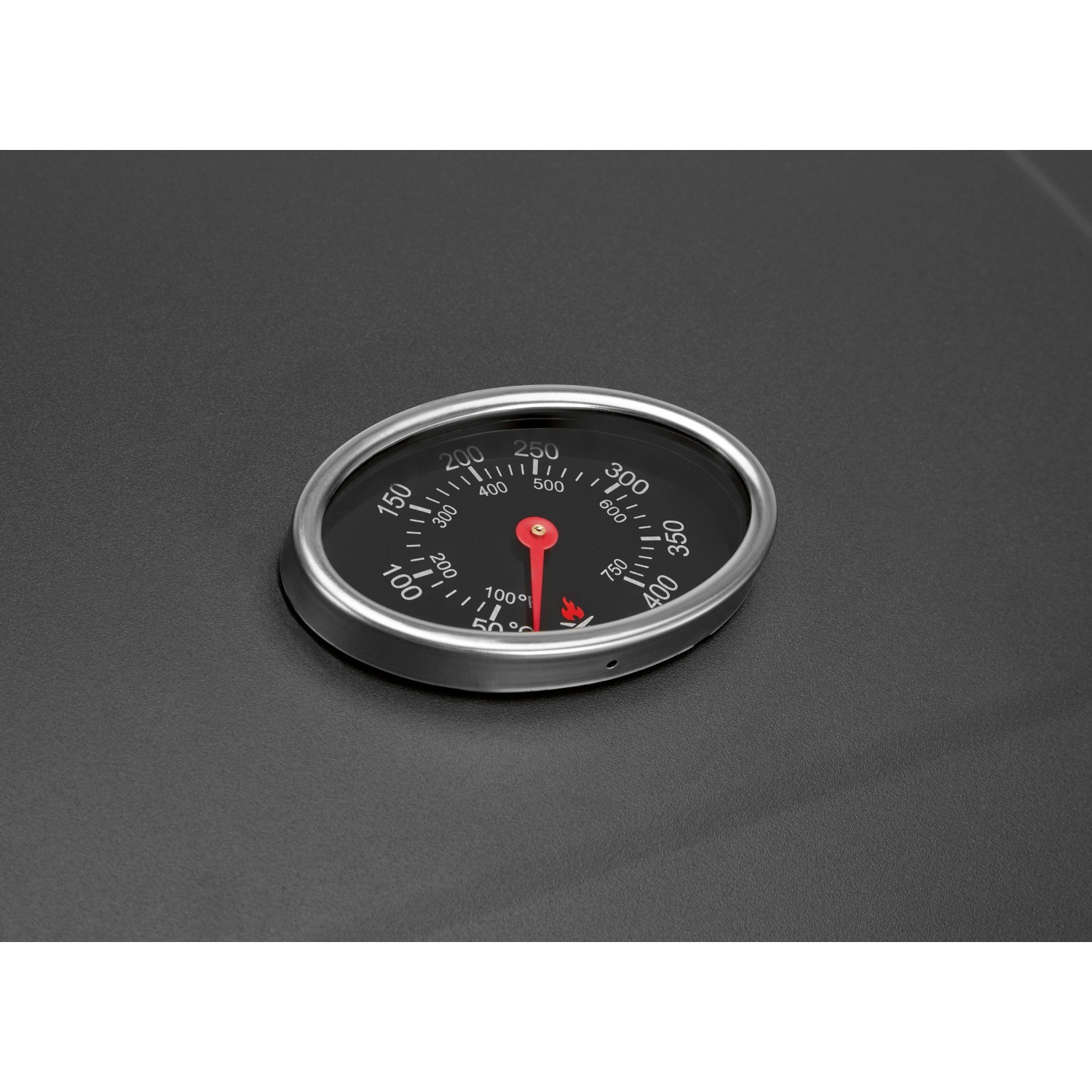Termometro da coperchio del barbecue a carbonella Jamestown Jaxon, nero con bordo argento, per il controllo della temperatura.