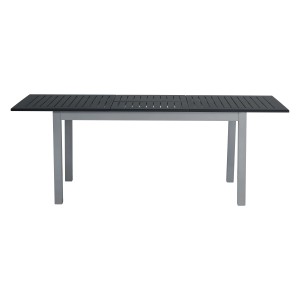 Moderno tavolo da giardino t.b.t. con struttura grigia e piano scuro.