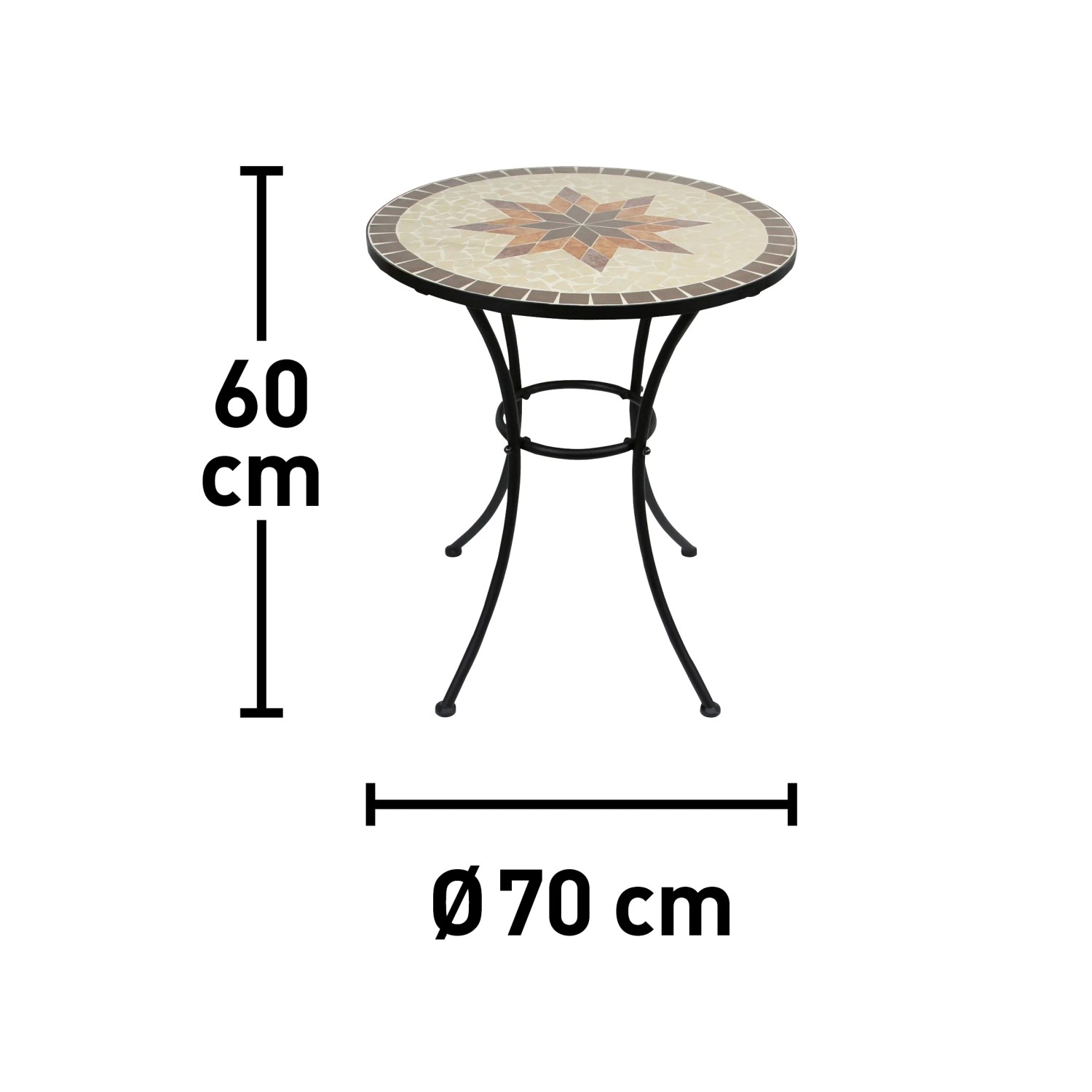 Tavolino da balcone Honobia con mosaico, struttura in acciaio, Ø 70 cm.
